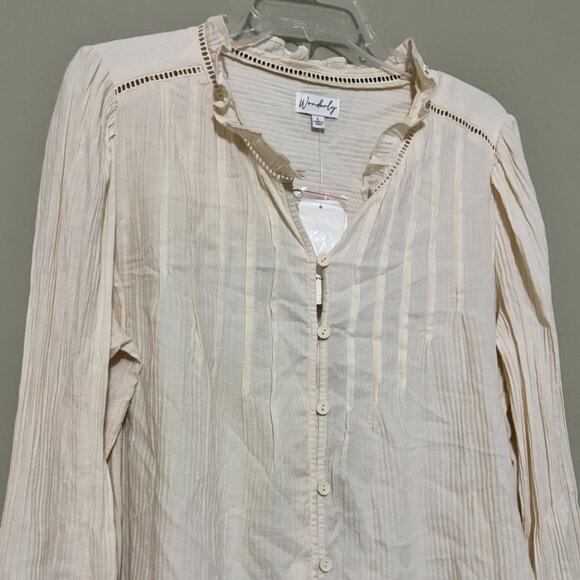Wonderly Cream Ruffle Trim Button Front Blouse Long Sleeve Lightweight Top Large - Picture 4 of 5